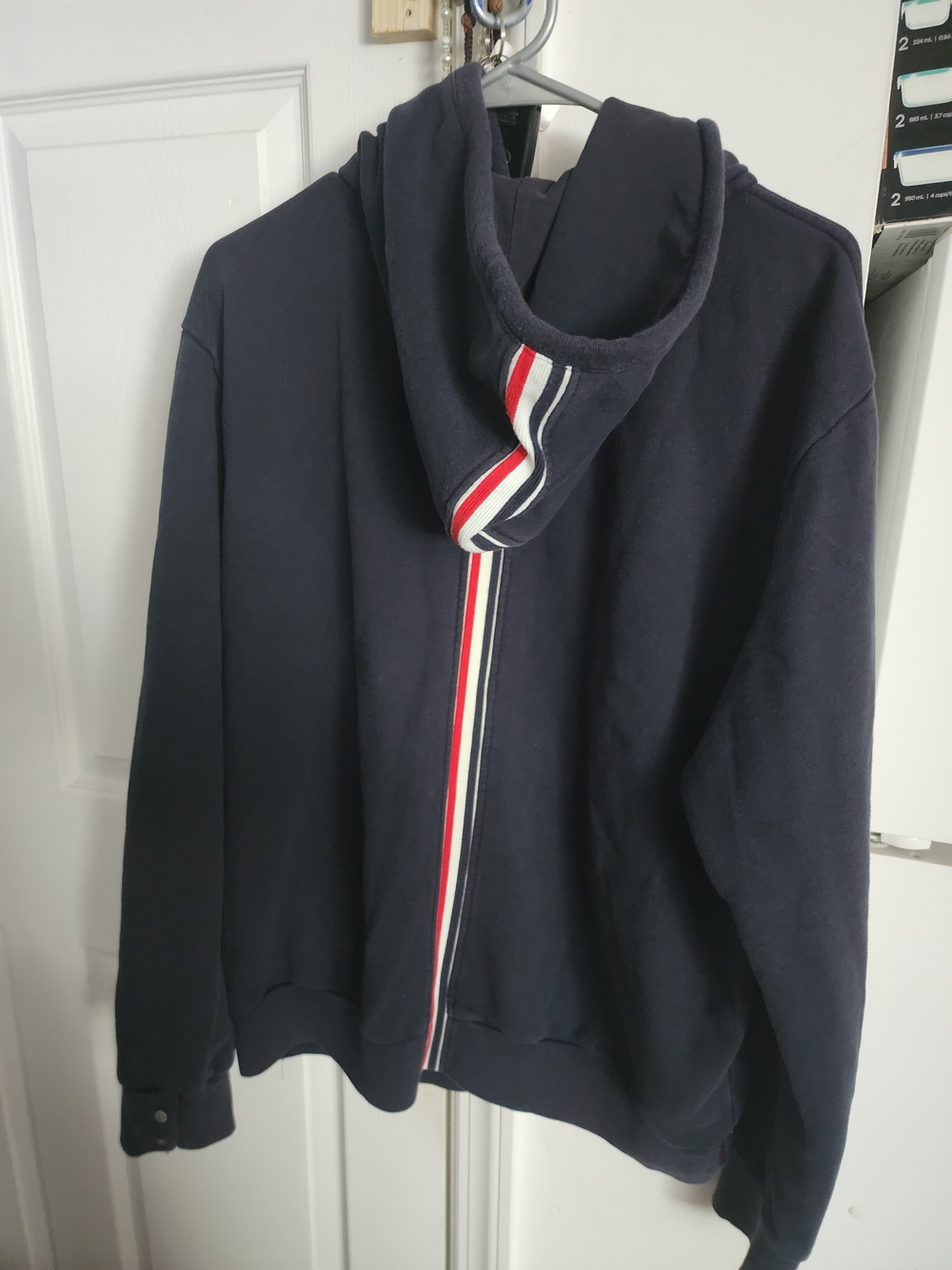 Thom Browne Navy Zip-Up Sweatshirt with Red-White-Blue Center Stripe